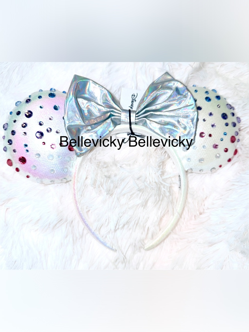 Disney Iridescent Silver Bow Minnie Ears Headband with Multicolor Gems